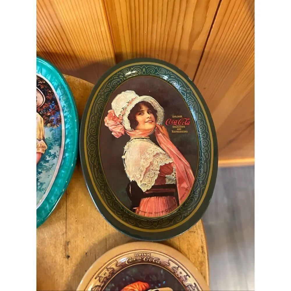 Vintage Victorian Collectible Coca Cola Mini Tin Oval Trays Made in Hong Kong 6